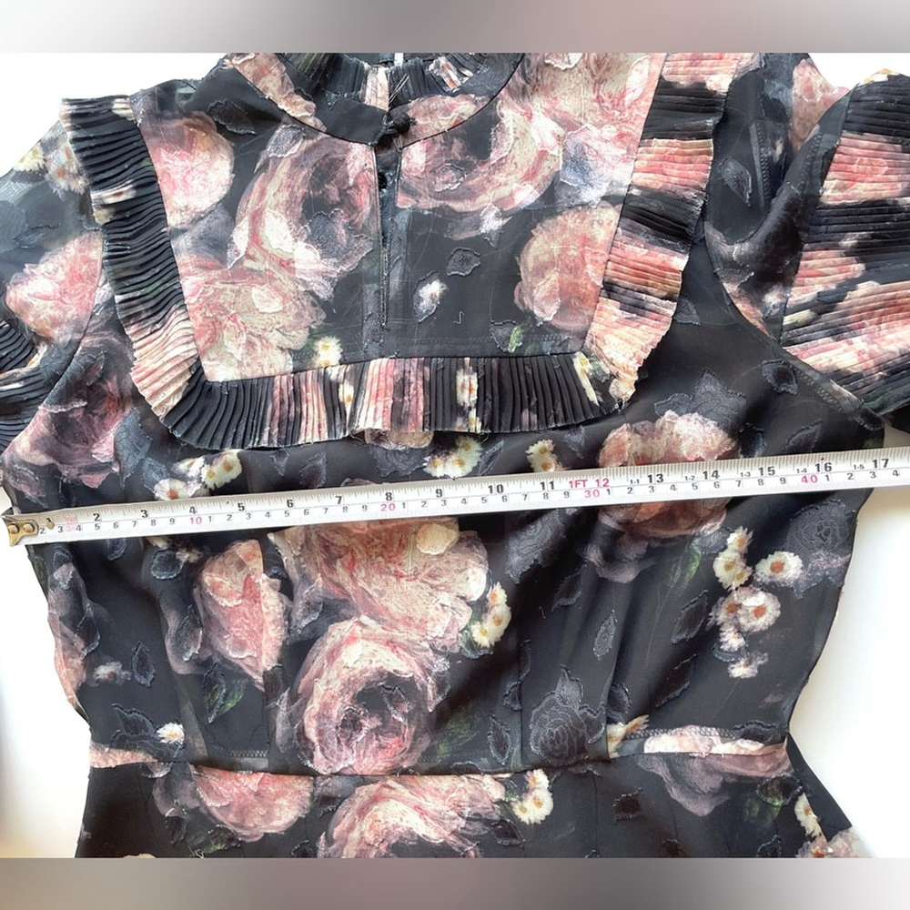 nora noh Floral Black Dress midi pleated long sleeve - Picture 2 of 11